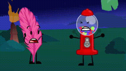 a pink feather and a gumball machine are standing next to each other .