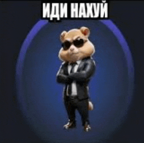 a hamster wearing sunglasses and a suit is standing in front of a blue circle .