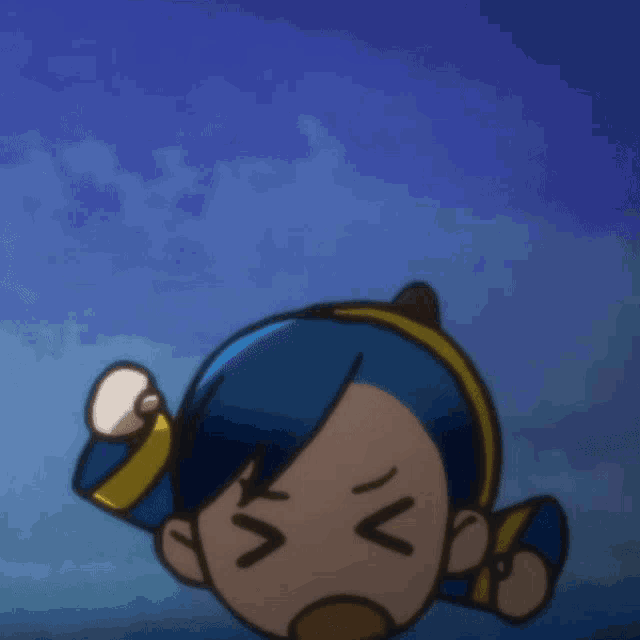 a cartoon character with blue hair and a yellow headband making a funny face