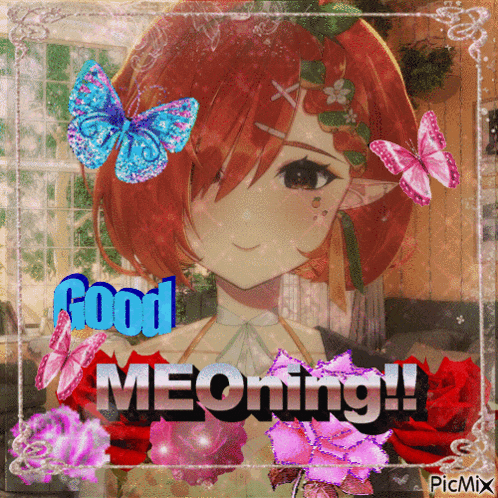 a picture of a girl with flowers and butterflies and the words good morning
