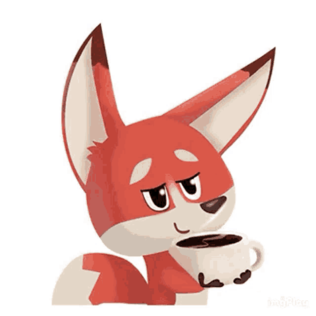 a cartoon fox drinking a cup of coffee with its eyes closed