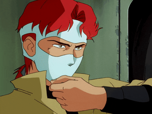 a cartoon character with red hair and a white mask on his face