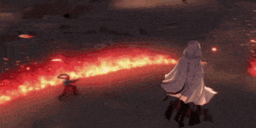 a person in a white robe is standing in front of a fire circle .
