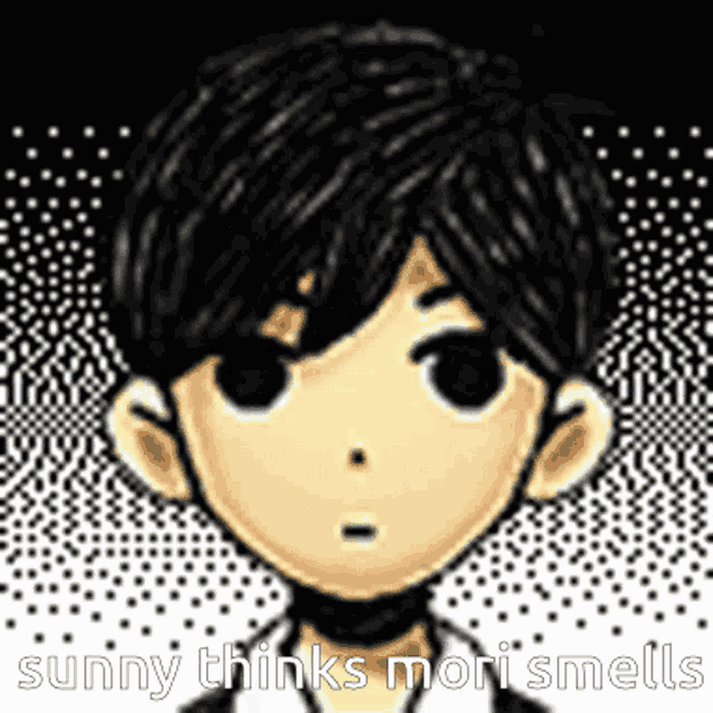 a pixel art of a boy with the words " sunny thinks mori smells " on the bottom