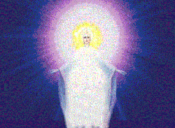 a painting of a woman in a white robe with a purple halo around her head