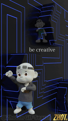 a cartoon character is standing in front of a maze with the words be creative above him