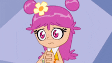 a cartoon girl with pink hair and a yellow flower in her hair