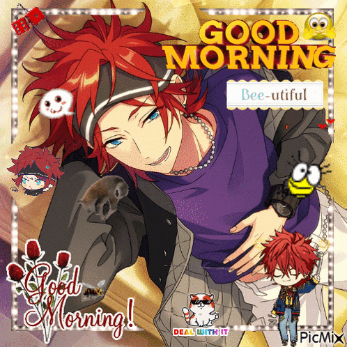 a picture of a boy with red hair and the words good morning