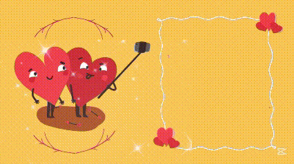 a cartoon of three hearts taking a selfie with a selfie stick .