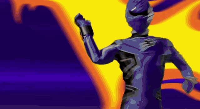 a drawing of a blue power ranger with a yellow and purple background