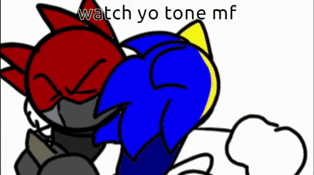 a cartoon drawing of a red and a blue cat with the words watch yo tone mf written on the bottom