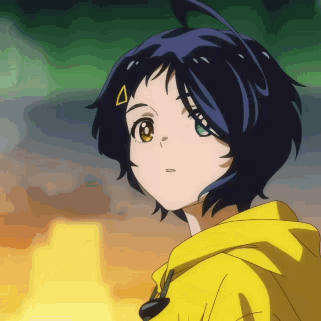 a blue haired anime girl with a yellow hoodie