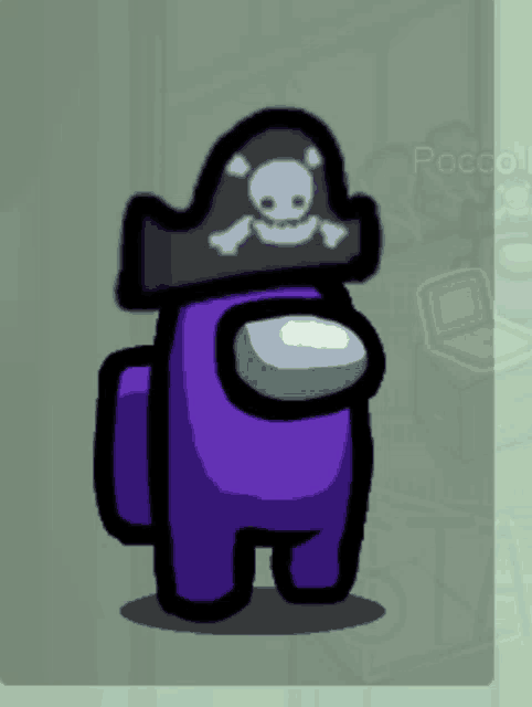 a purple among us character wearing a black pirate hat