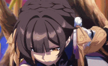 a close up of a anime girl with a braided hair style