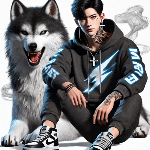 a man wearing a mafia hoodie sits next to a husky