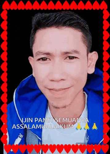 a man in a blue jacket is surrounded by red hearts and says " jin pamit semuanya assalamualaikum "