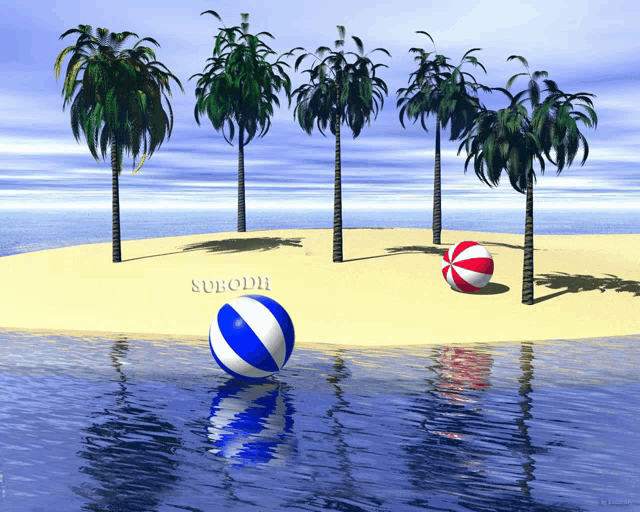 a beach with palm trees and a blue and white ball that says surodh