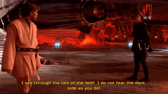 two men standing in front of a plane with the words i see through the lies of the jedi