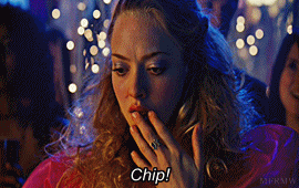 a close up of a woman 's face with the words chip written on her face