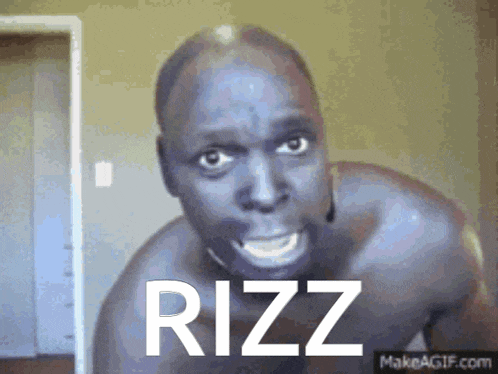 a shirtless man is making a funny face and the word rizz is on his chest