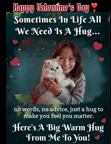 a happy valentine 's day poster with a woman holding a cat