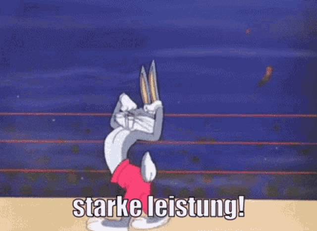 a cartoon of bugs bunny says starke leistung in german