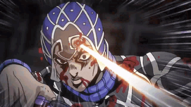 a cartoon character with blood on his face is holding a lightning bolt