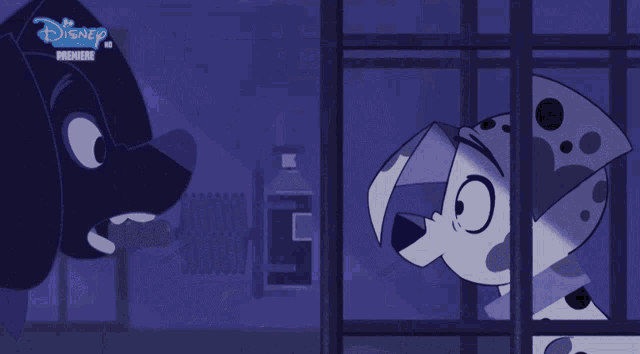 a dalmatian dog is standing in a cage with a disney logo behind him