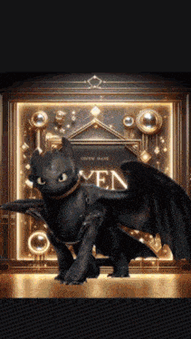 toothless from how to train your dragon standing in front of a sign that says raven