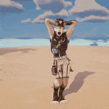 a cartoon character is standing on a sandy beach with a cat mask on his head