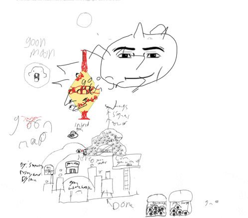 a child 's drawing of a goon moon and a cartoon character