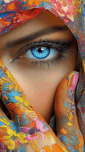 a close up of a woman 's face with blue eyes covered by a colorful scarf