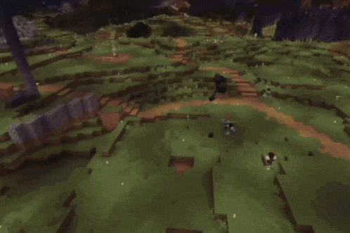 an aerial view of a minecraft world with trees and a river