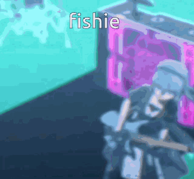 a cartoon drawing of a person with the word fishie on it