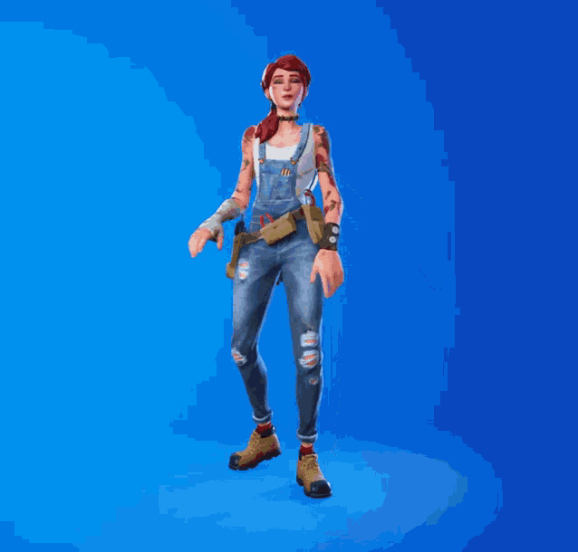 a cartoon character with red hair and overalls is dancing