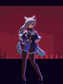 a cartoon character with a cat 's ears is dancing in a video game .