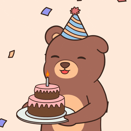 a bear wearing a party hat is holding a cake