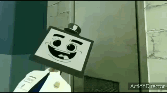 a cartoon character with a monitor on his head and a hat .