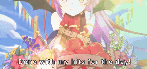 a girl holding a basket of apples with the words done with my hits for the day below her