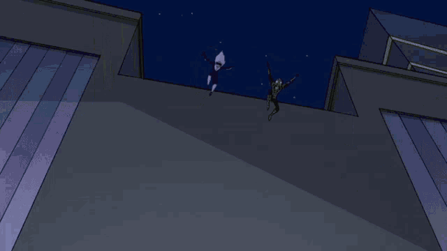a cartoon character is jumping in the air next to a shadow of another cartoon character .