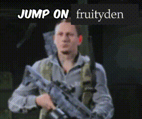 a man holding a gun with the words jump on fruityden written above him