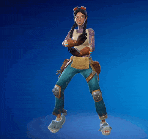 a video game character is jumping in the air with shark slippers on her feet