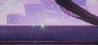 a person is standing in front of a window with a purple background and a green light coming out of it .