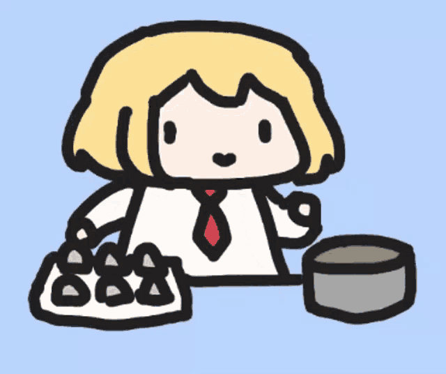 a cartoon drawing of a girl with eggs on a table
