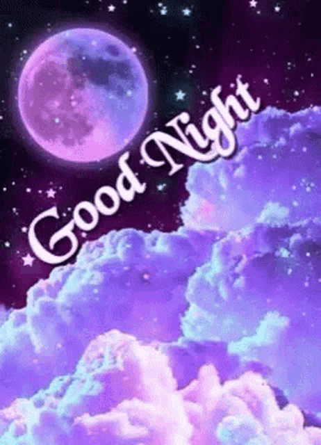 a good night greeting card with a purple moon and purple clouds .