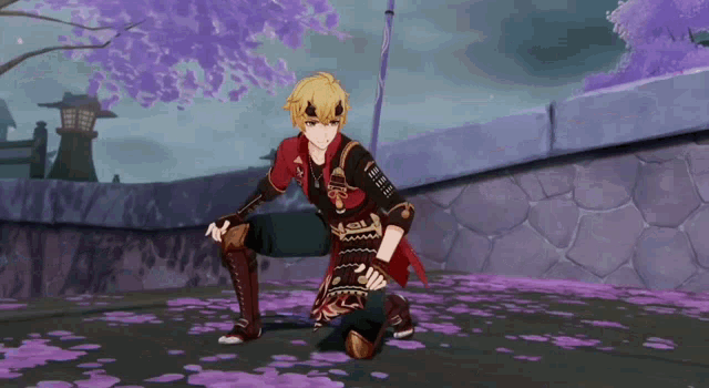 a video game character kneeling down with a sword in his hand
