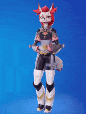 a video game character with a red head and a white tail is dancing on a blue background
