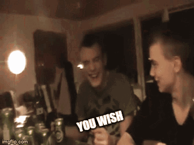 a man in a green shirt says " you wish "