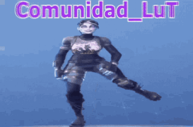 a woman in a video game is dancing in front of a blue background that says munidad