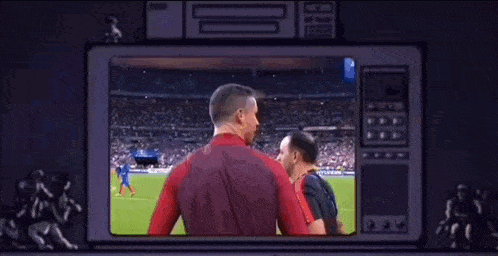 a man is looking through binoculars at a soccer game on a television screen .